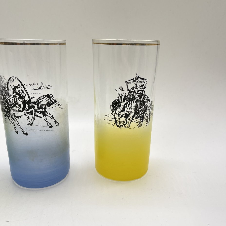 Набор из 5 стаканов с изображением разных видов транспорта, стекло, деколь, золочение, Чехословакия, 1970-1990 гг.