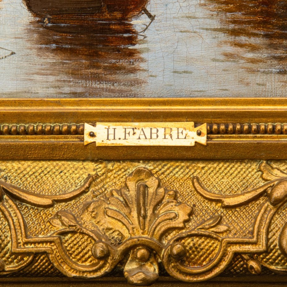 Картина "Пейзаж с парусниками" (название условное), художник Henri Fabre (Анри Фабр, 1880-1950 гг.), этикетка "H. Heinzelmann Odessa Rue de Ribas" на раме