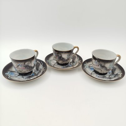 Набор из 3-х кофейных пар "Дракон", Lux Porcelain FAHD M.K., фарфор, бисквит, роспись, золочение, Азия, 1970-1990 гг.
