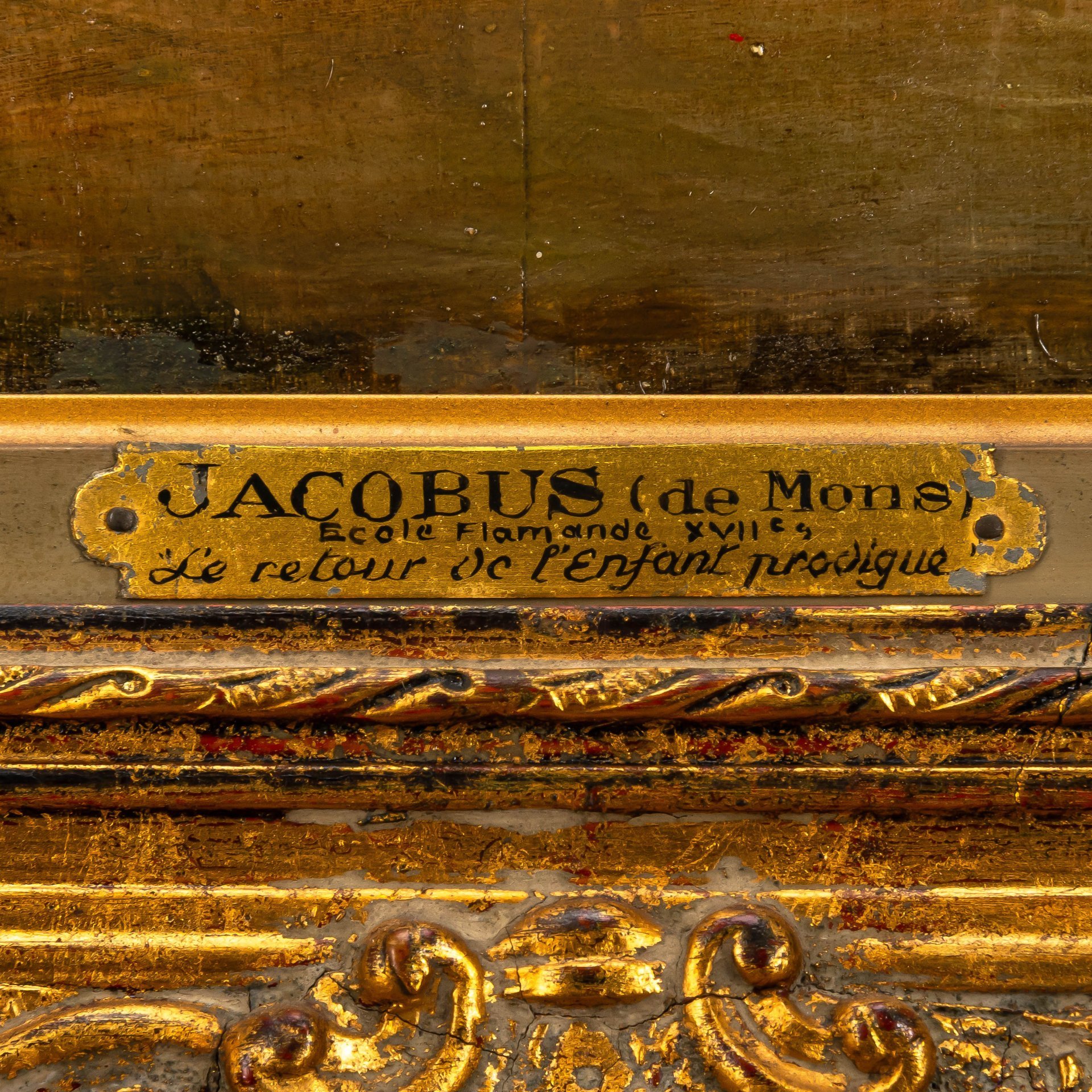 Картина "Возвращение блудного сына", выполненная в стилистике фламандской школы, подпись автора H. Jacobus, дерево, масло, Европа, 1890-1900 гг.