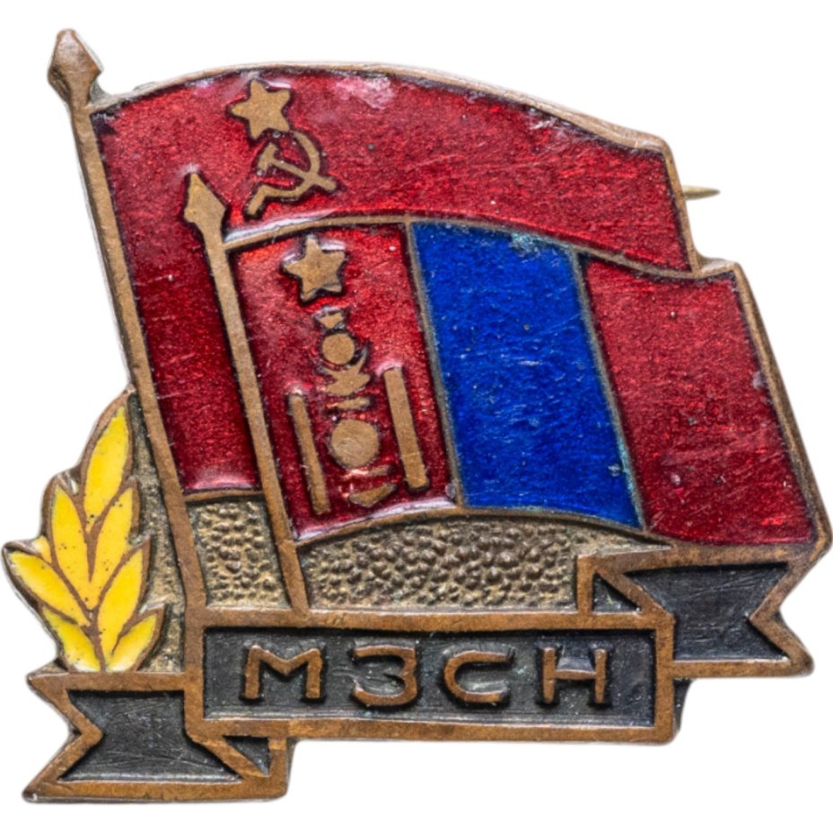Знак общества советско-монгольской дружбы, латунь, эмаль, булавка. 1950-1960 гг.