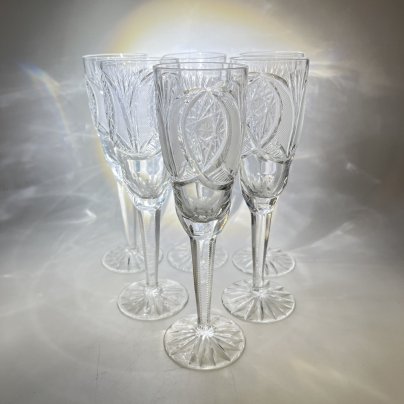 Набор из 6 бокалов для шампанского с геометрическим декором, хрусталь, пресс, алмазная грань, СССР, 1970-1990 гг.