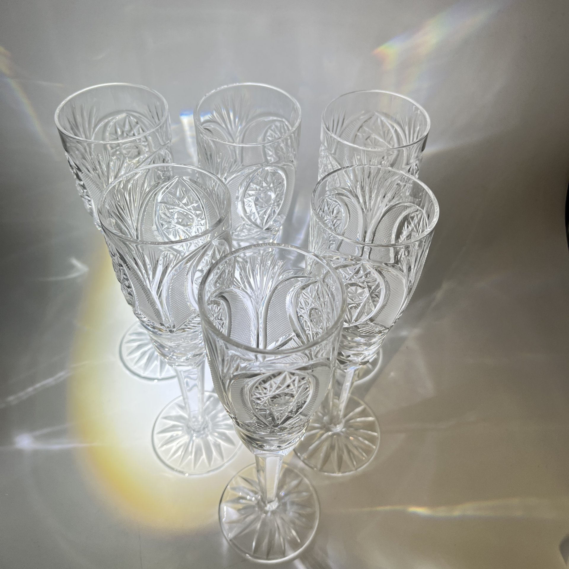 Набор из 6 бокалов для шампанского с геометрическим декором, хрусталь, пресс, алмазная грань, СССР, 1970-1990 гг.