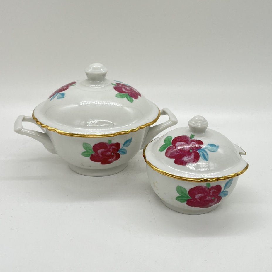 Вазочки для варенья (2 шт.) с крышками с цветочным декором, фарфор, деколь, золочение, Дулевский фарфоровый завод (Дулёво), СССР, 1970-1980 гг.