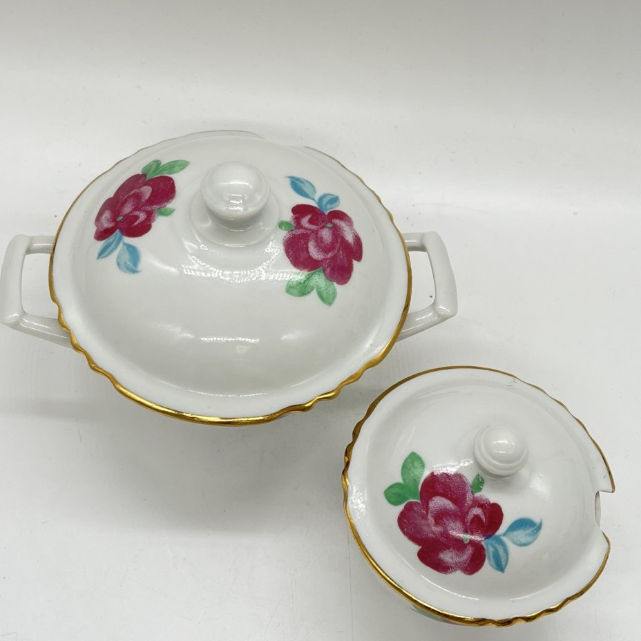 Вазочки для варенья (2 шт.) с крышками с цветочным декором, фарфор, деколь, золочение, Дулевский фарфоровый завод (Дулёво), СССР, 1970-1980 гг.