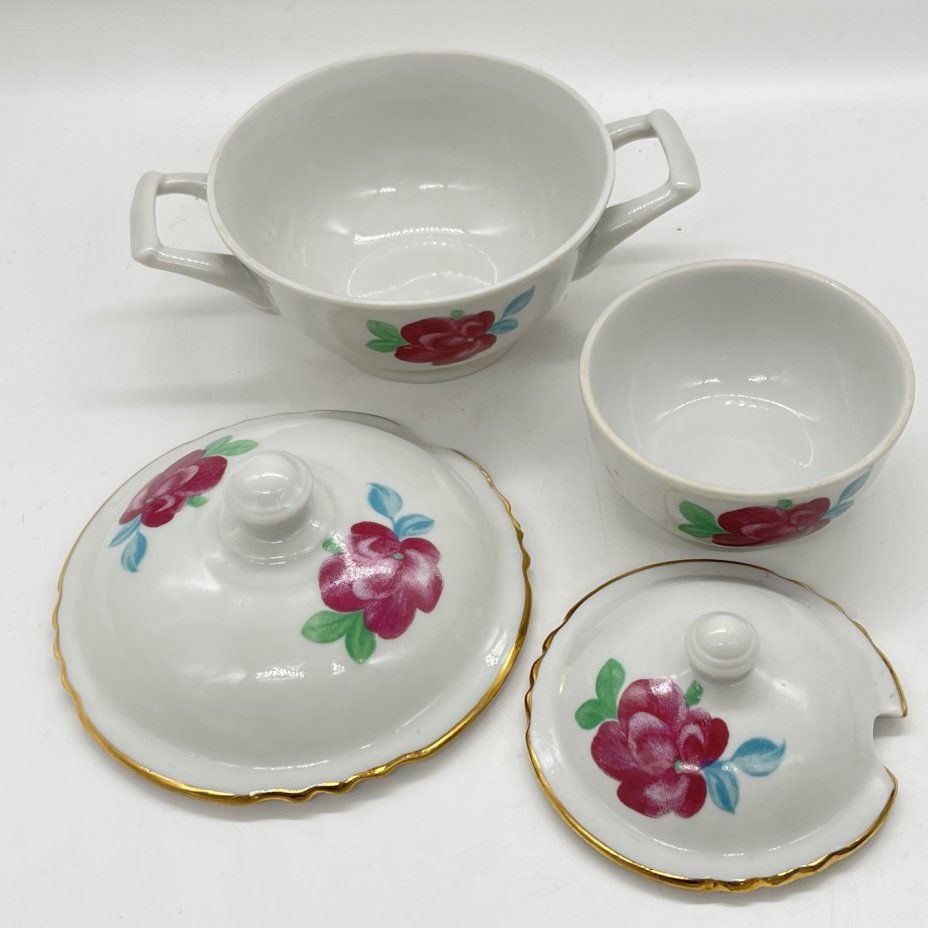 Вазочки для варенья (2 шт.) с крышками с цветочным декором, фарфор, деколь, золочение, Дулевский фарфоровый завод (Дулёво), СССР, 1970-1980 гг.