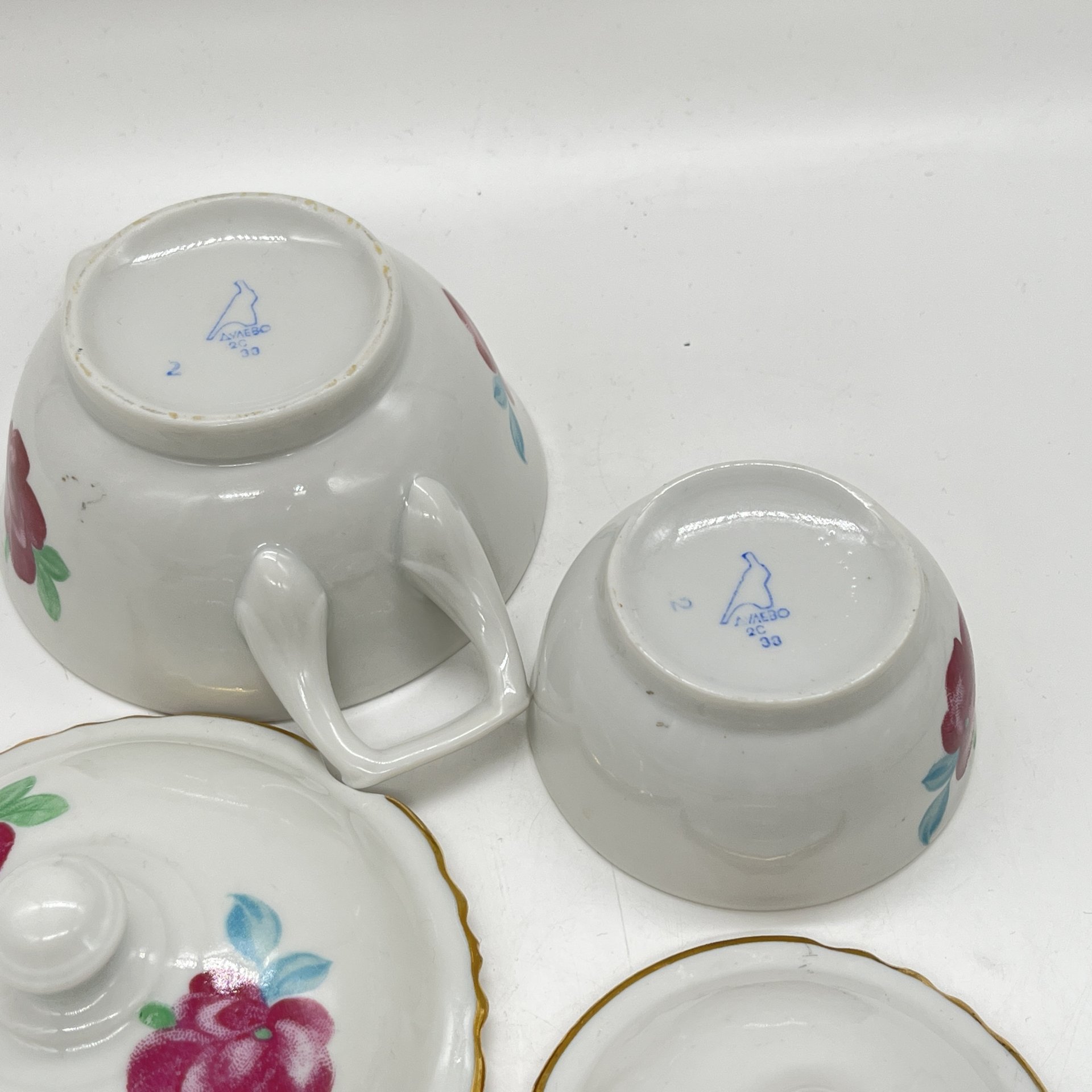 Вазочки для варенья (2 шт.) с крышками с цветочным декором, фарфор, деколь, золочение, Дулевский фарфоровый завод (Дулёво), СССР, 1970-1980 гг.