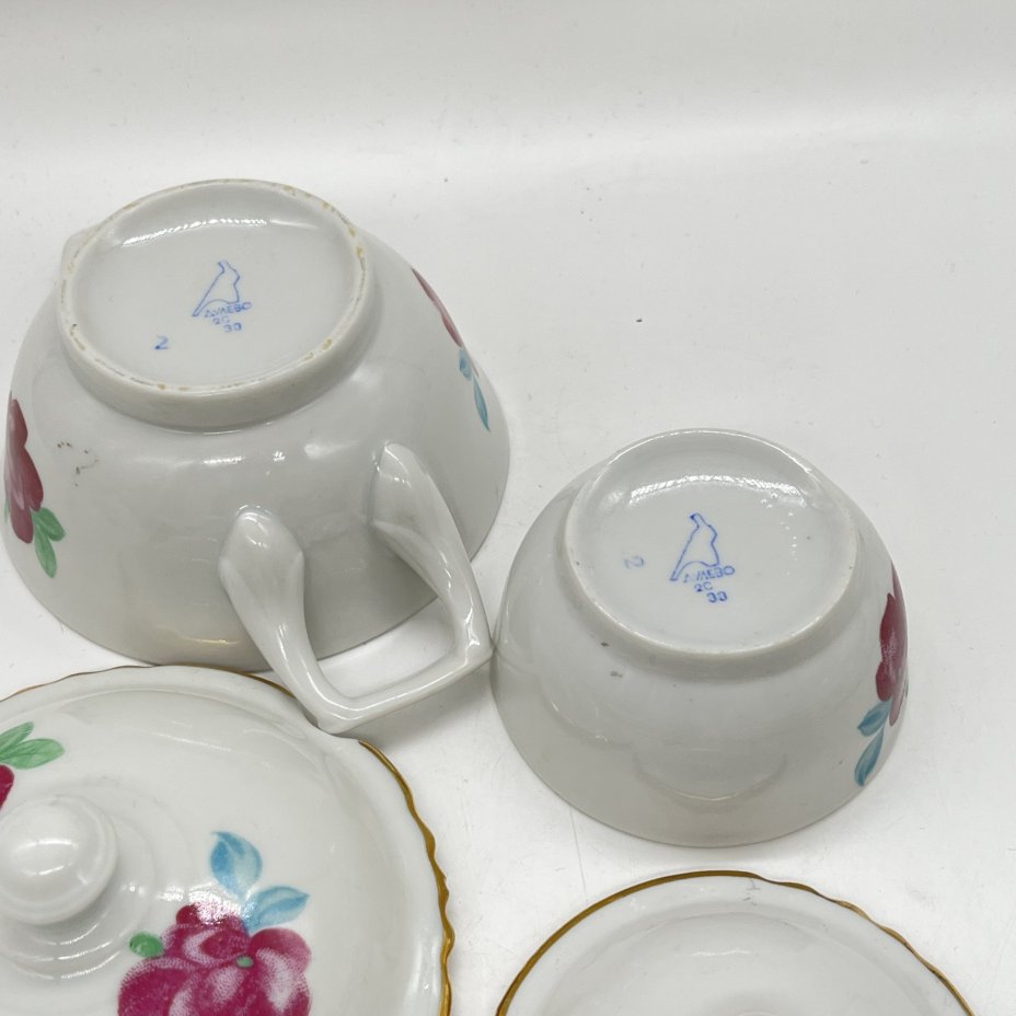 Вазочки для варенья (2 шт.) с крышками с цветочным декором, фарфор, деколь, золочение, Дулевский фарфоровый завод (Дулёво), СССР, 1970-1980 гг.