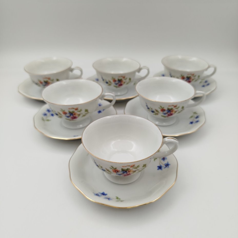 Набор из шести кофейных пар с нежным цветочным декором, фарфор, деколь, золочение, Jarolina, Польша, 1957-1980 гг.
