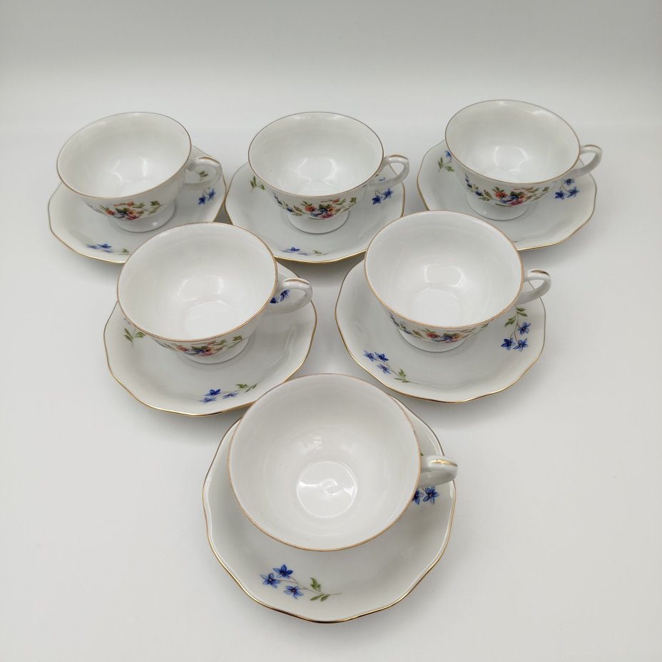 Набор из шести кофейных пар с нежным цветочным декором, фарфор, деколь, золочение, Jarolina, Польша, 1957-1980 гг.