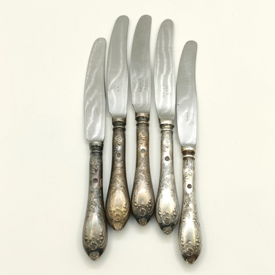 Набор из 5-ти десертных ножей с растительным декором, мНЦ (медь-никель-цинк), нержавеющая сталь, Вольнянский завод столовых приборов им. Шевченко (ЗiШ, ЗиШ), СССР, 1960-1990 гг.
