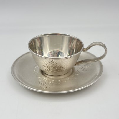 Пара кофейная с декором в русском национальном стиле, мельхиор (медь-никель), золочение, Мстерская художественная фабрика  «Ювелир», СССР, 1979 г.