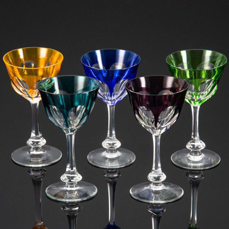Набор из 5 бокалов для вина "Lady Hamilton", хрусталь, нацвет, Moser (Мозер), Чехия, Чехословакия, 1970-1990 гг.