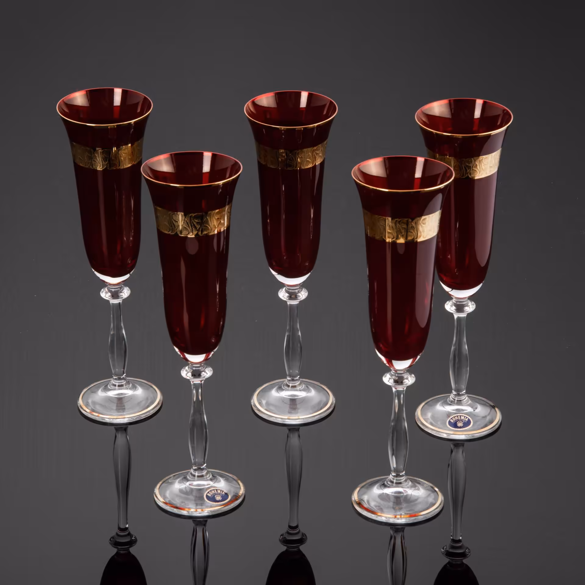 Набор из 5 фужеров клюквенного цвета с золотистой орнаментальной каймой, Bohemia Crystal (Bohemia Glass)