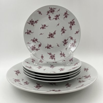 Набор десертных тарелок с блюдом на 5 персон, украшенный цветочным декором, фарфор, деколь, Lichte Porzellan (Лихте), ГДР, 1966-1985 гг.