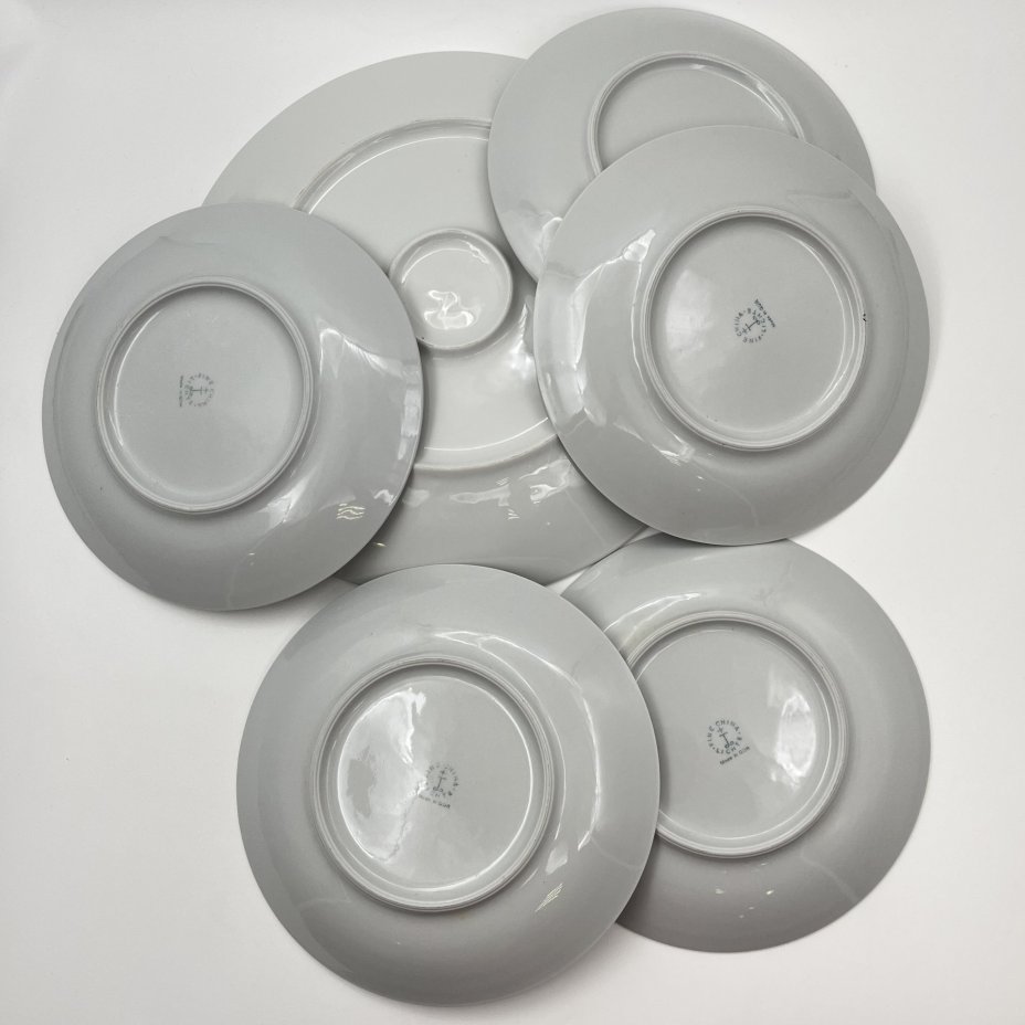 Набор десертных тарелок с блюдом на 5 персон, украшенный цветочным декором, фарфор, деколь, Lichte Porzellan (Лихте), ГДР, 1966-1985 гг.