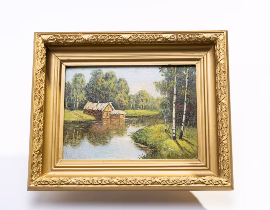 Картина "Старая мельница" в раме, масло, холст на оргалите, дерево, Н. Соловьев, Россия, 1995 г.