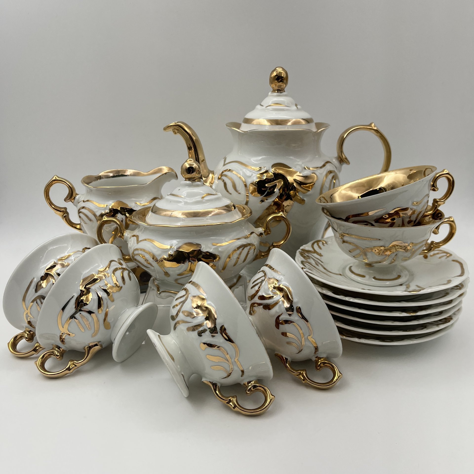 Сервиз кофейный на 6 персон (15 предметов), украшенный растительным декором