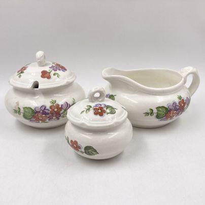 Набор из 3-х предметов для сервировки стола (соусник, сахарница, солонка) с флоральным декором, фаянс, деколь, Конаковский фаянсовый завод им. М.И. Калинина (ЗиК Конаково), СССР, 1974-1991 гг.