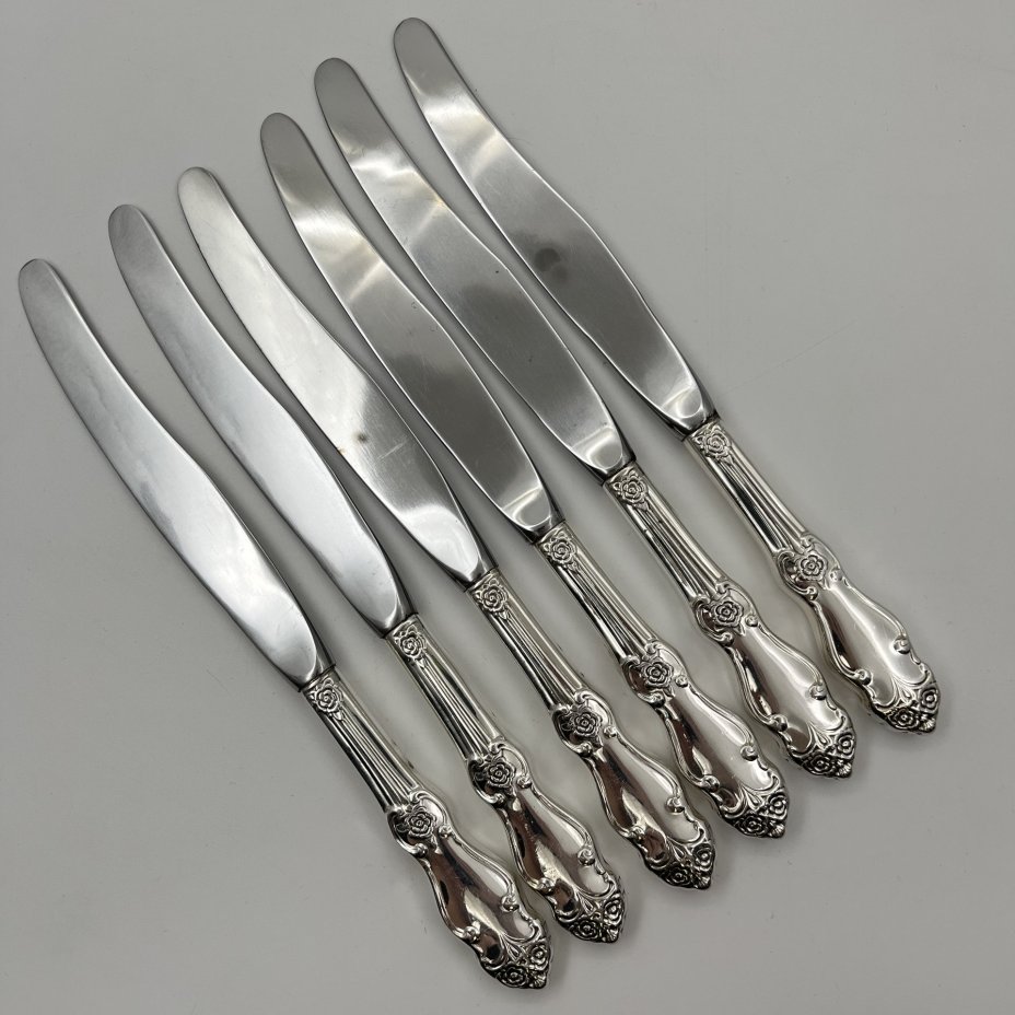 Набор из шести столовых ножей "Серебряная роза", мНЦ (медь-никель-цинк), сталь, Кольчугинский завод цветных металлов, СССР, 1970-1990 гг.