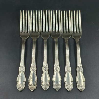 Набор из шести десертных вилок "Серебряная роза", мНЦ (медь-никель-цинк), Кольчугинский завод цветных металлов, СССР, 1960-1990 гг.