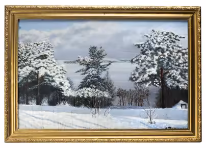 Картина "Зимний пейзаж с елями" в раме, художник И. Ткаченко