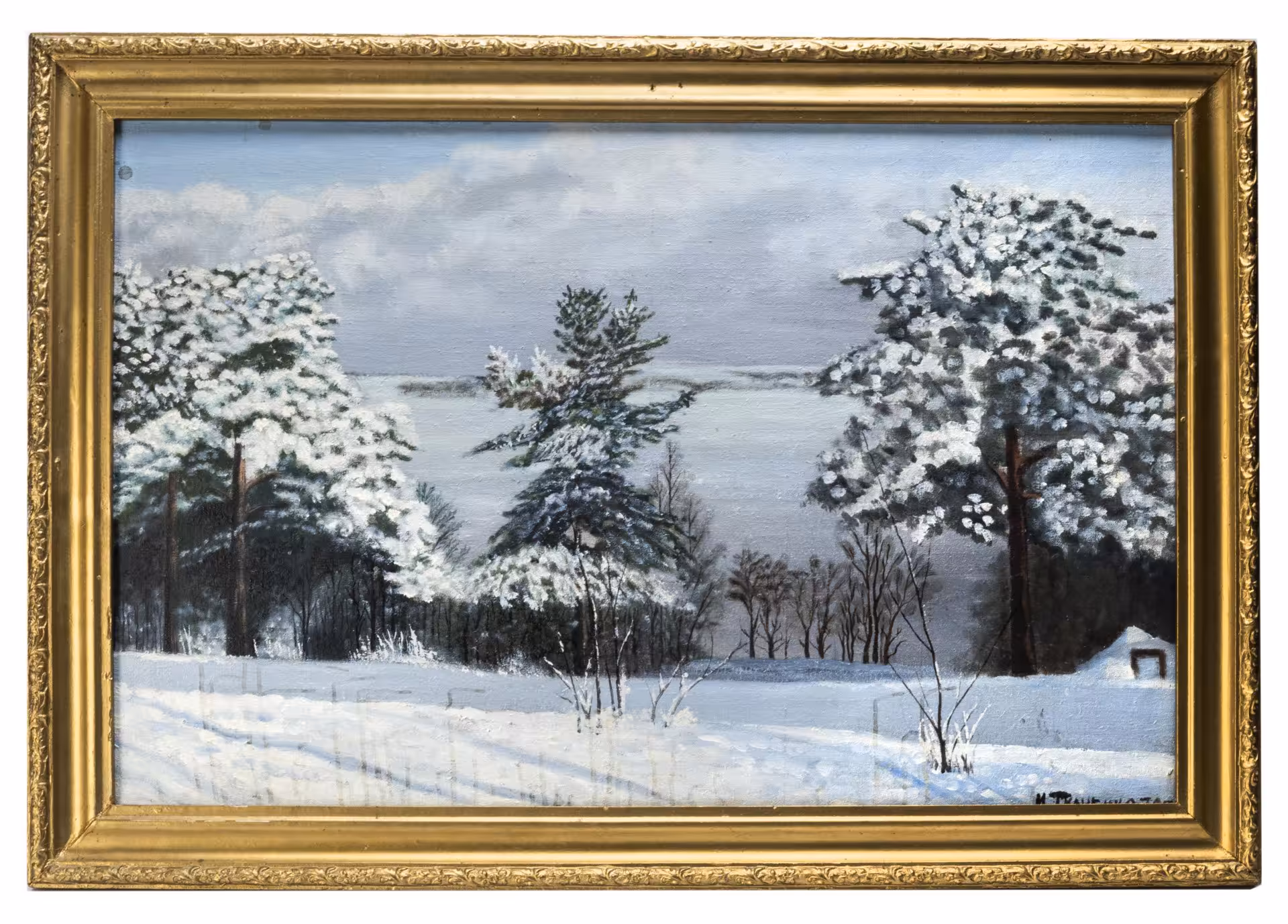 Картина "Зимний пейзаж с елями" в раме, художник И. Ткаченко