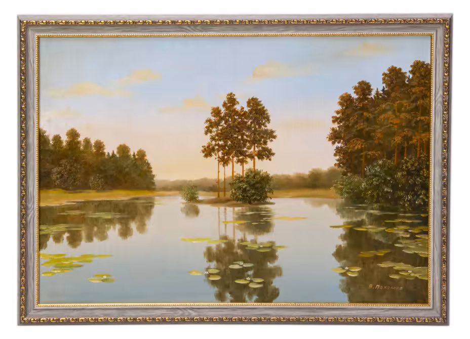Картина "Камский залив", холст, масло, подрамник, рама, художник Валерий Пахомов, Самара, поселок Прибрежный, СССР, 1968 г.