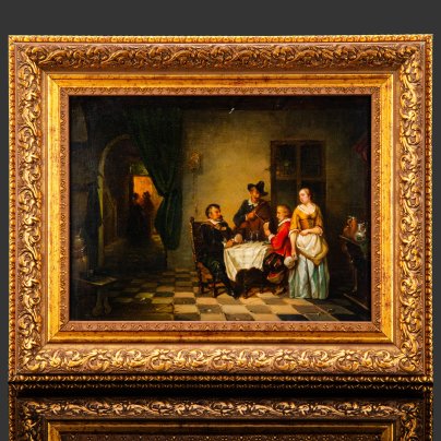 Картина в раме "Карточная игра", выполненная в стиле фламандской школы живописи, неизвестный художник, дерево, масло, композитный материал (рама), Западная Европа, 1880-1910 гг.