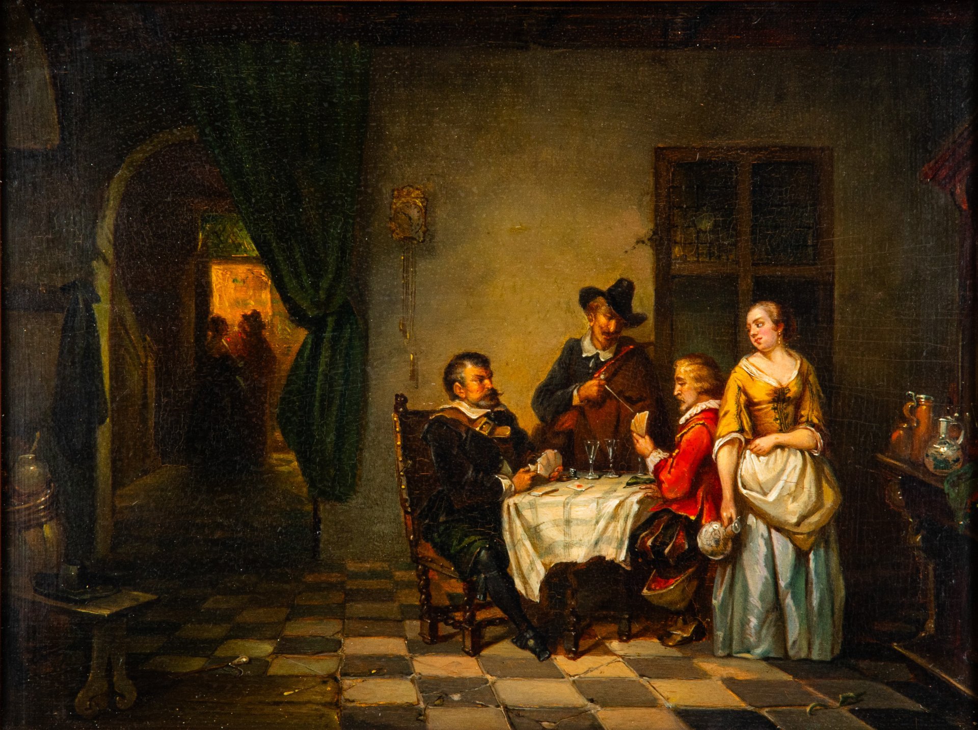 Картина в раме "Карточная игра", выполненная в стиле фламандской школы живописи, неизвестный художник, дерево, масло, композитный материал (рама), Западная Европа, 1880-1910 гг.