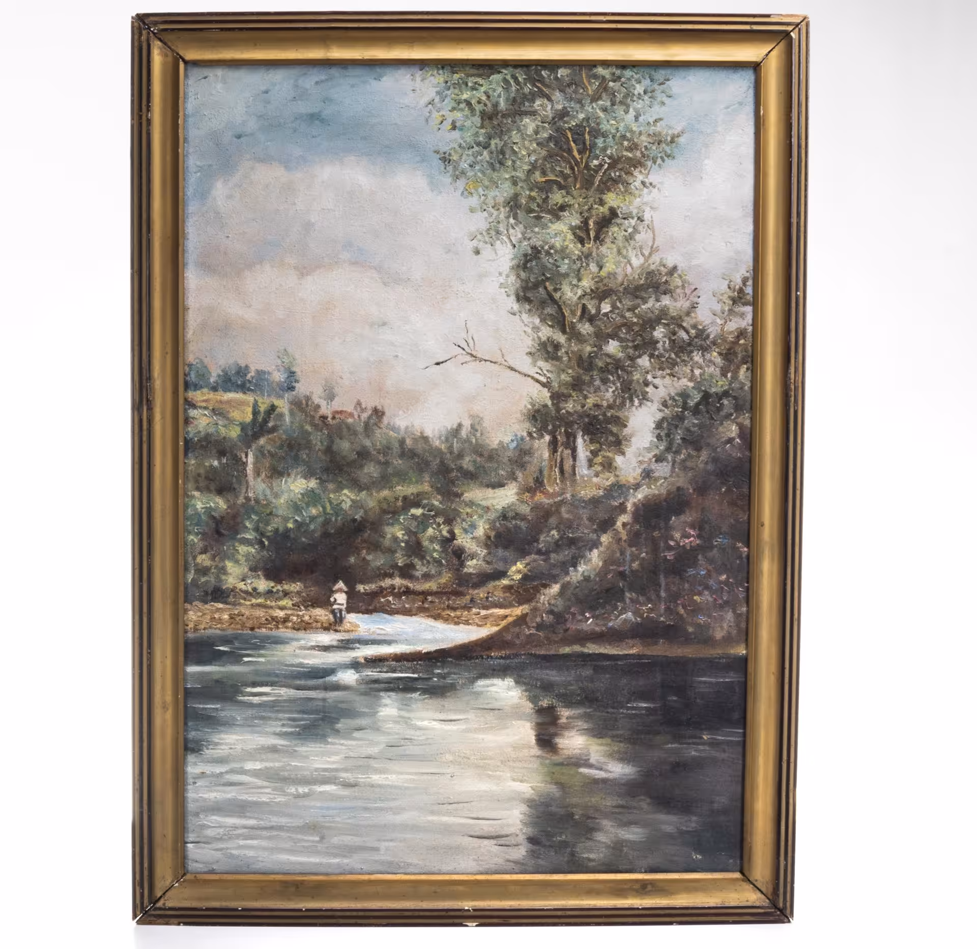 Картина "Пейзаж с деревом у водоёма" (название условное), оформленная в раму, неизвестный художник