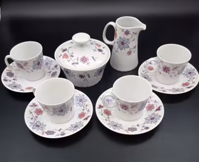 Комплект из 4 кофейных пар, сахарницы и молочника с цветочным декором, Epiag D. F.