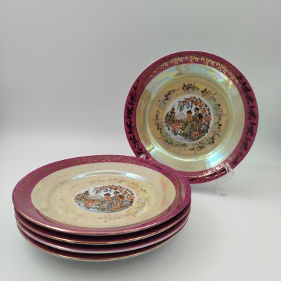 Набор десертных тарелок из сервиза "Гейша" на 5 персон, фарфор, люстр, деколь, золочение, Spezial Eisenberg Porzellan (SEP), ГДР, 1960-1980 гг.