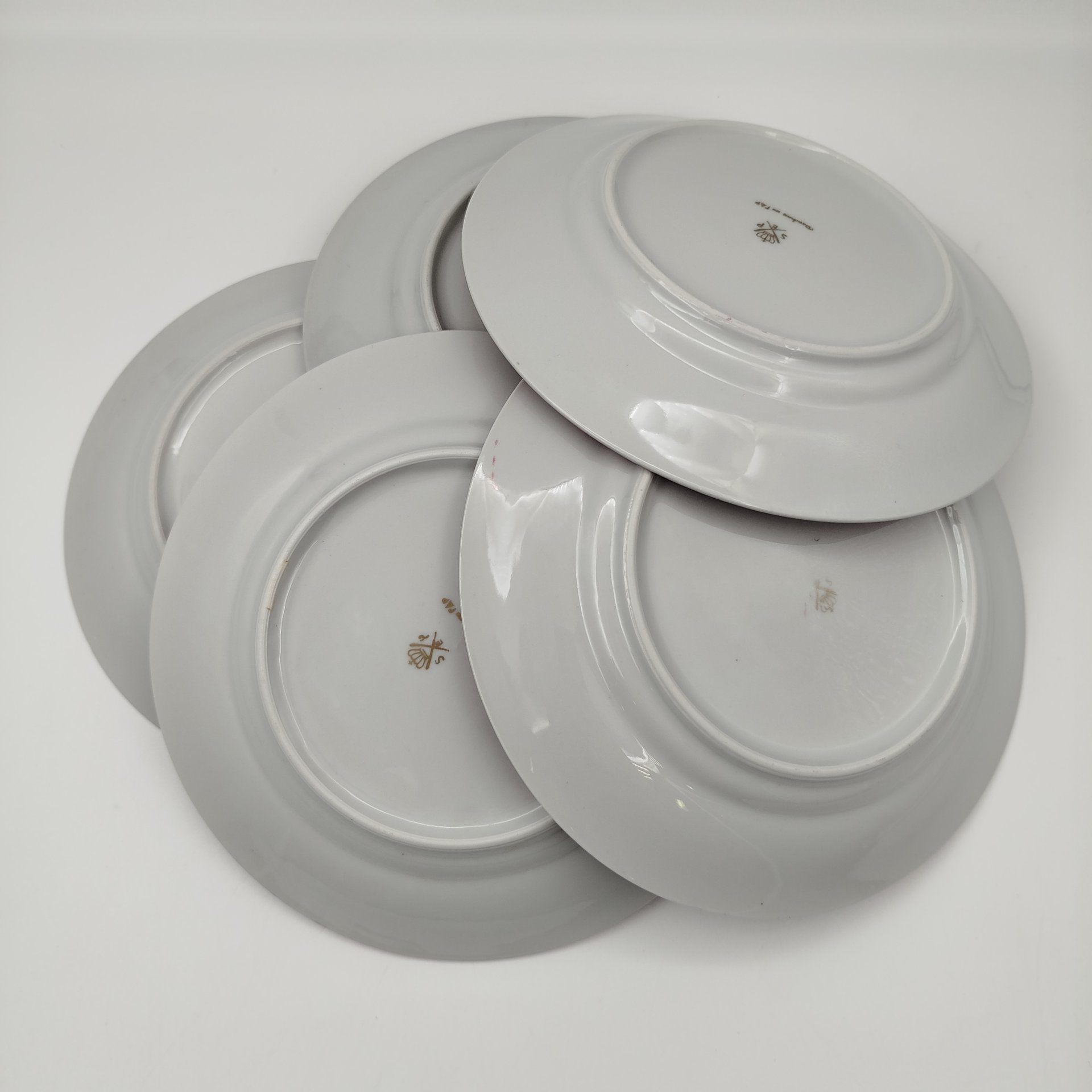 Набор десертных тарелок из сервиза "Гейша" на 5 персон, фарфор, люстр, деколь, золочение, Spezial Eisenberg Porzellan (SEP), ГДР, 1960-1980 гг.