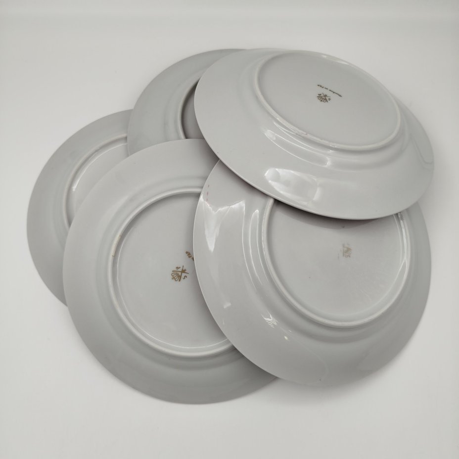 Набор десертных тарелок из сервиза "Гейша" на 5 персон, фарфор, люстр, деколь, золочение, Spezial Eisenberg Porzellan (SEP), ГДР, 1960-1980 гг.