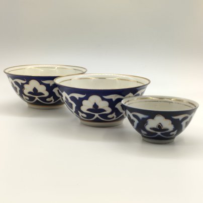 Набор из 3-х пиал разных размеров "Пахта", фарфор, крытье кобальтом, золочение, Азия, 1980-2000 гг.