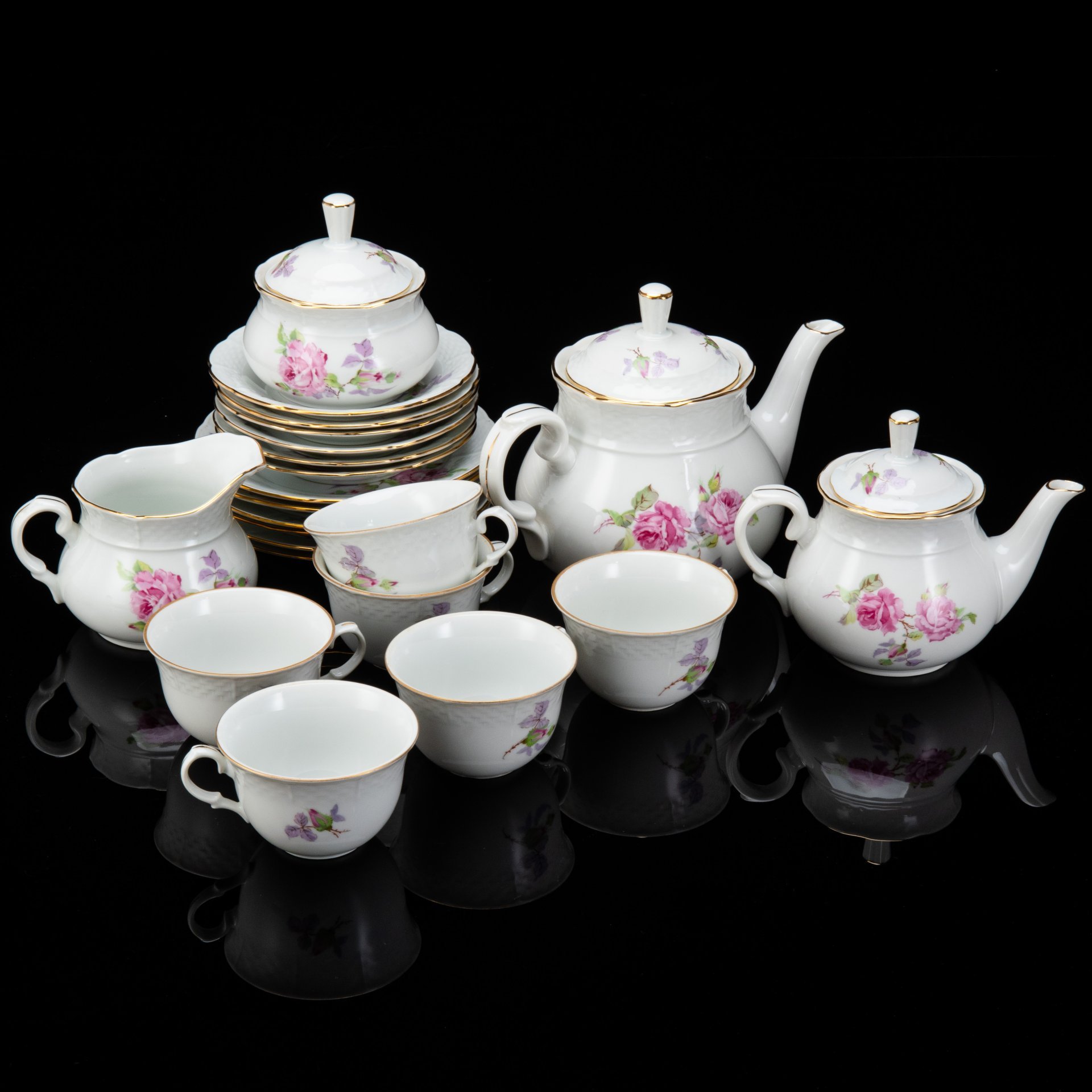 Сервиз чайный с цветочным декором на 6 персон (22 предмета), фарфор, деколь, золочение, Thun (Тун), Чехословакия, 1960-1990 гг.