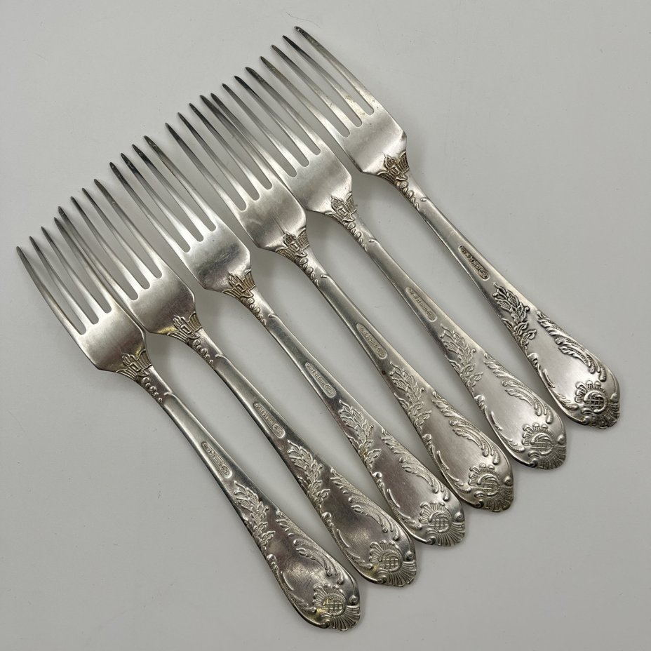 Набор из шести десертных вилок с растительным декором, мНЦ (медь-никель-цинк), картон, Вольнянский завод столовых приборов им. Шевченко (ЗiШ, ЗиШ), СССР, 1960-1990 гг.