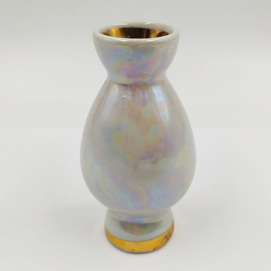 Вазочка миниатюрная с олимпийской символикой, фарфор, деколь, люстр, золочение, Минский фарфорово-фаянсовый завод, СССР, 1980 г.