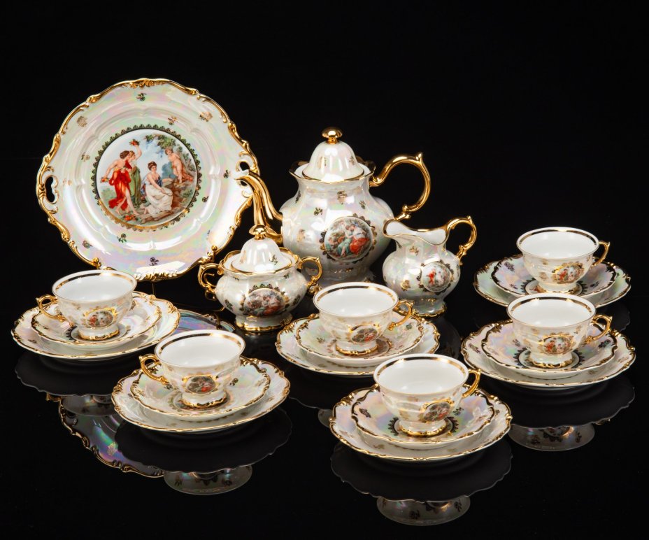 Сервиз чайный "Мадонна" на 6 персон (22 предмета), фарфор, люстр, деколь, золочение, Sonneberg Porzellan, ГДР, 1960-1970 гг.