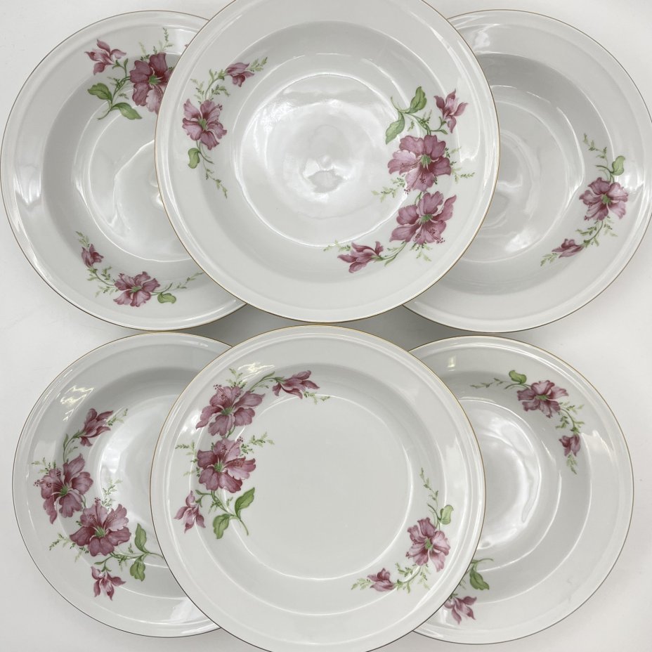 Тарелки обеденные на 6 персон, украшенные цветочным декором, фарфор, деколь, золочение, Freiberger Porzellan, ГДР, 1970-1995 гг.