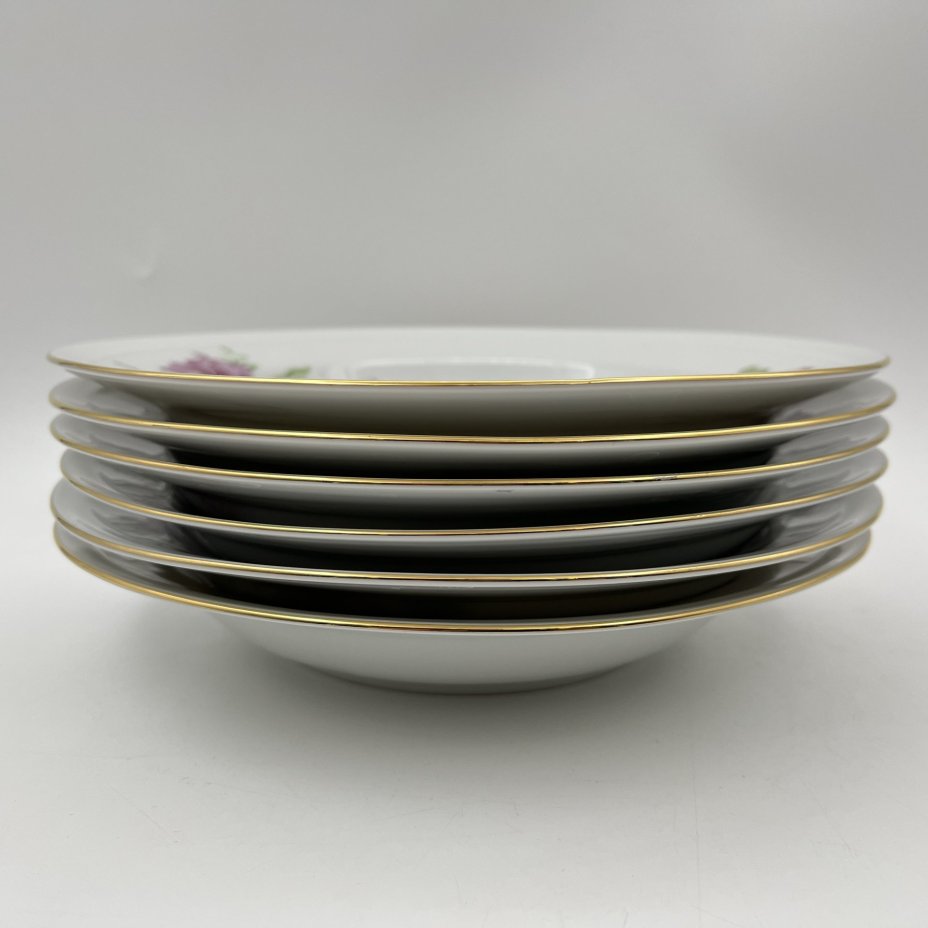 Тарелки обеденные на 6 персон, украшенные цветочным декором, фарфор, деколь, золочение, Freiberger Porzellan, ГДР, 1970-1995 гг.