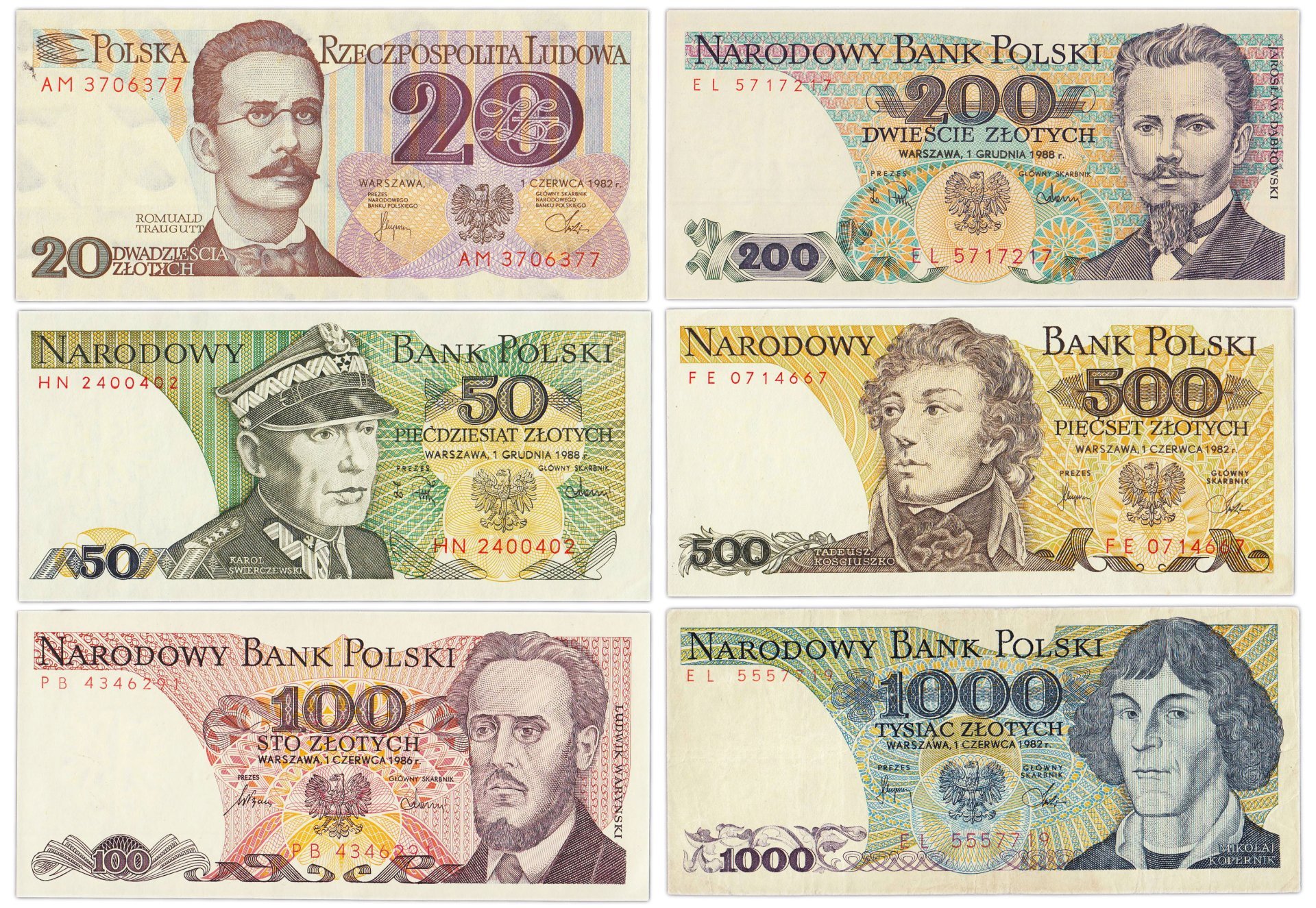 Польша набор из 6 банкнот 20, 50, 100, 200, 500, 1000 злотых 1982-1988 гг.