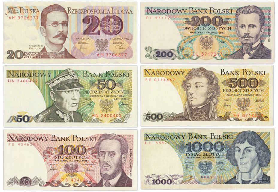 Польша набор из 6 банкнот 20, 50, 100, 200, 500, 1000 злотых 1982-1988 гг.