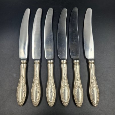 Набор из шести столовых ножей "Пламя", мНЦ (медь-никель-цинк), нержавеющая сталь, Кольчугинский завод цветных металлов, СССР, 1960-1990 гг.