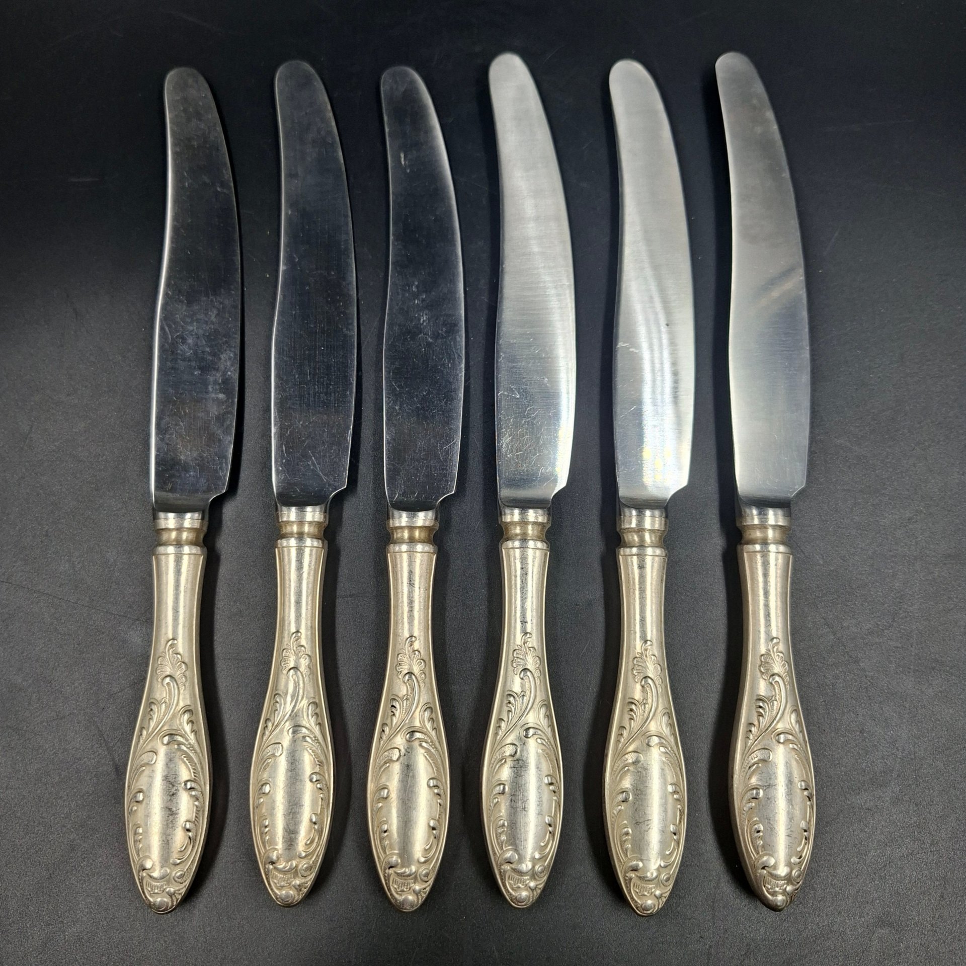 Набор из шести столовых ножей "Пламя", мНЦ (медь-никель-цинк), нержавеющая сталь, Кольчугинский завод цветных металлов, СССР, 1960-1990 гг.