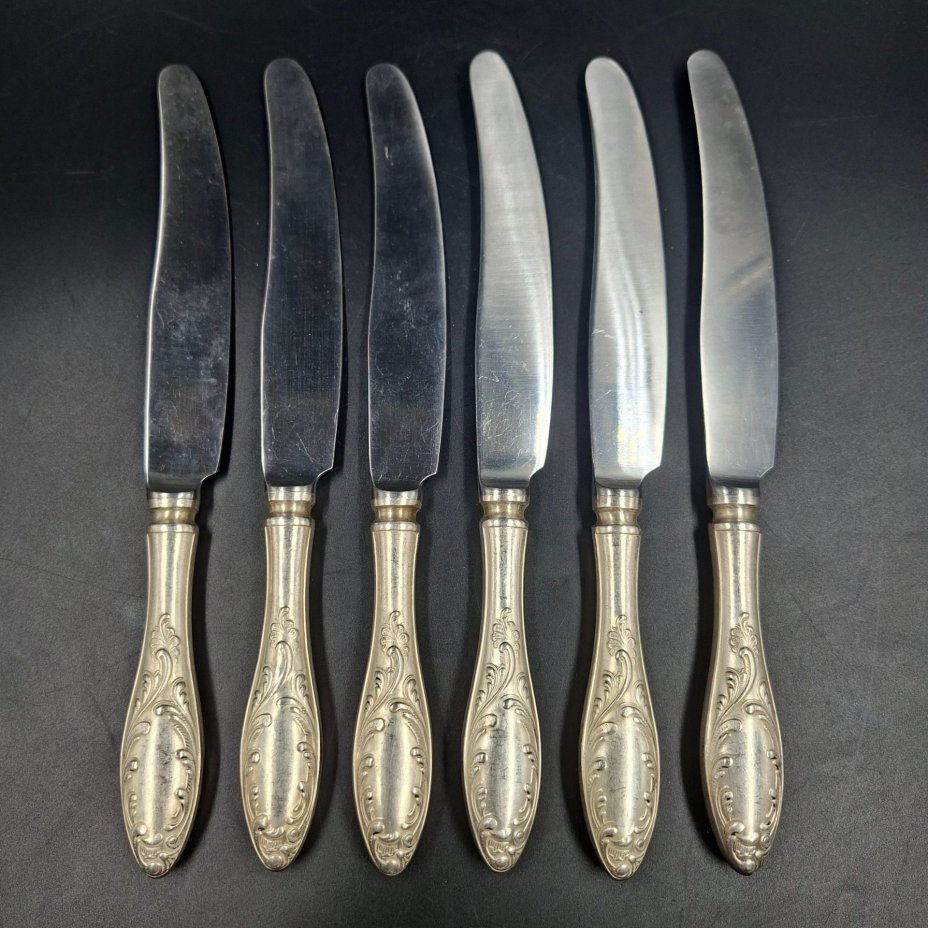 Набор из шести столовых ножей "Пламя", мНЦ (медь-никель-цинк), нержавеющая сталь, Кольчугинский завод цветных металлов, СССР, 1960-1990 гг.