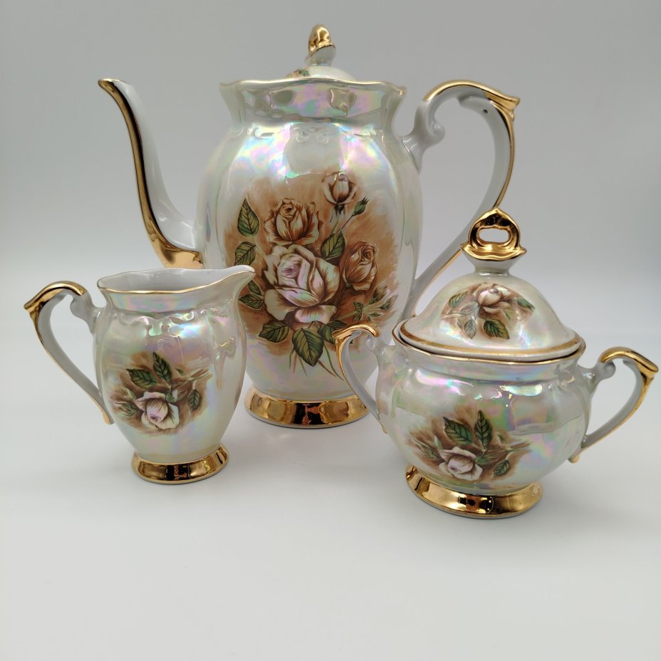 Сервиз кофейный с цветочным декором на 4 персоны (11 предметов), фарфор, деколь, люстр, золочение, Chodziez, Польша, 1964-1980 гг.