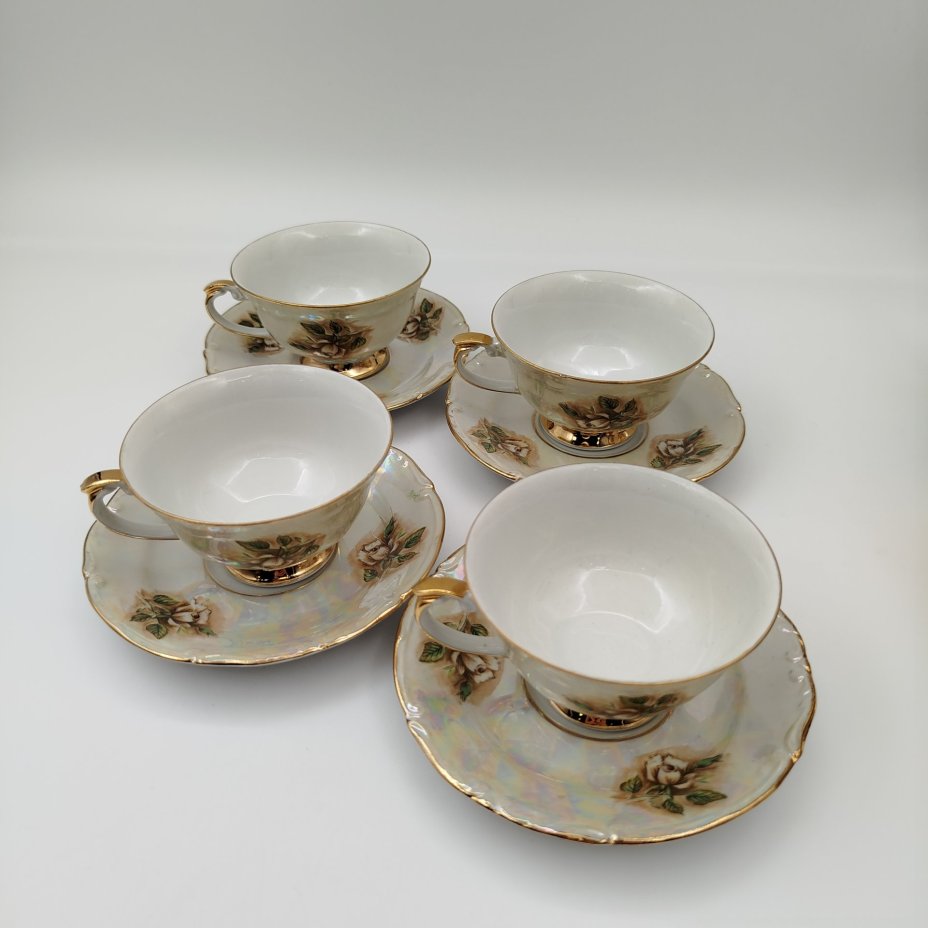 Сервиз кофейный с цветочным декором на 4 персоны (11 предметов), фарфор, деколь, люстр, золочение, Chodziez, Польша, 1964-1980 гг.