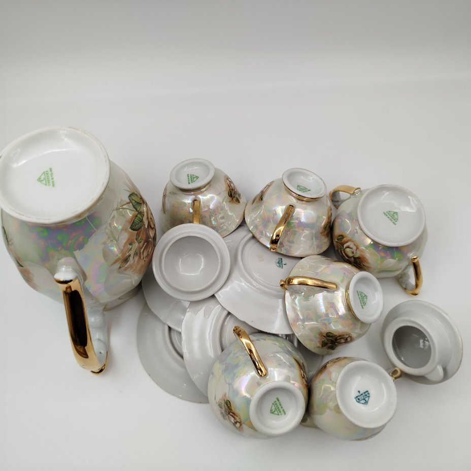 Сервиз кофейный с цветочным декором на 4 персоны (11 предметов), фарфор, деколь, люстр, золочение, Chodziez, Польша, 1964-1980 гг.